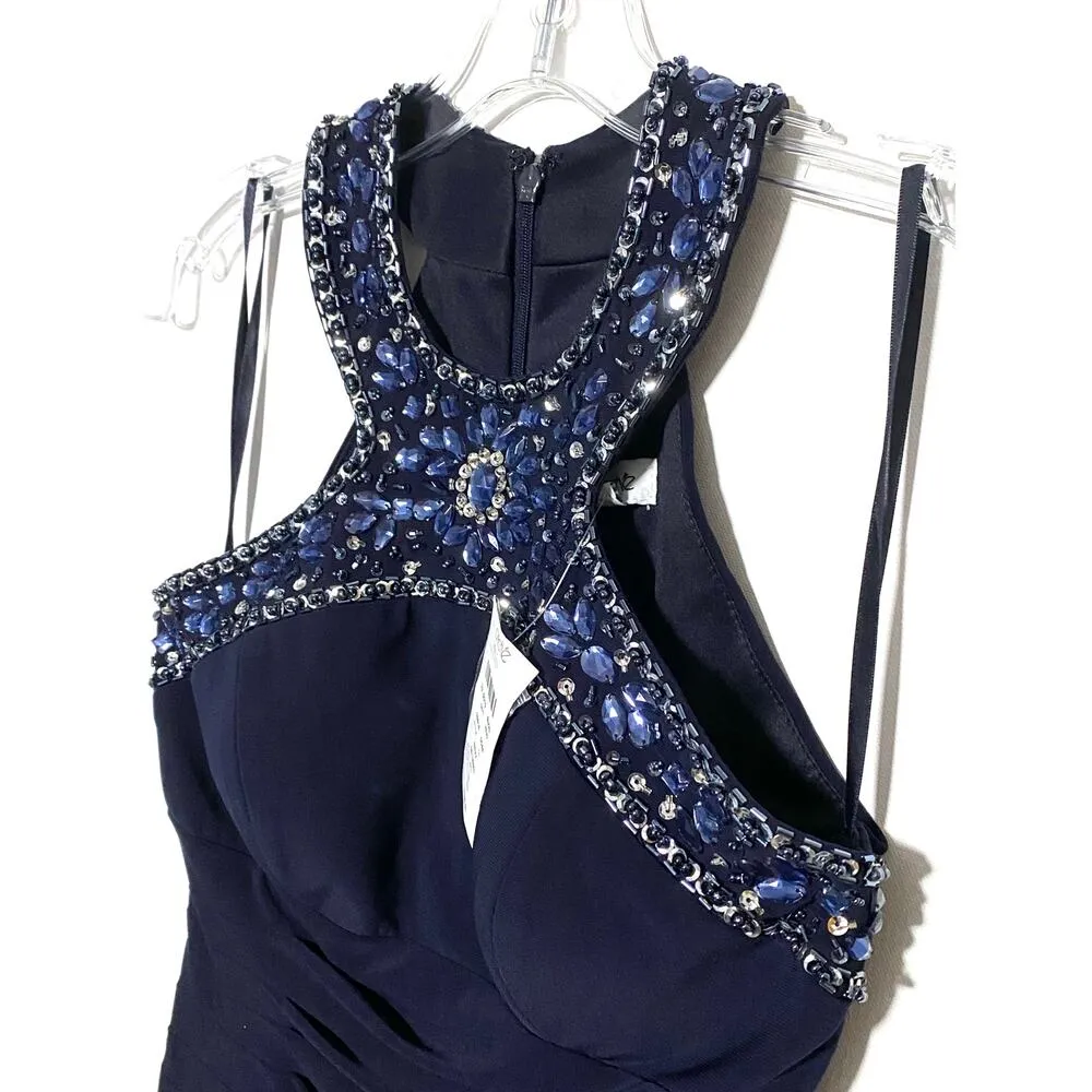 Cache Formal Bodycon Dress Maxi Prom Y2K Beaded Jeweled Navy Blue Womens 2 NWT - Image 2