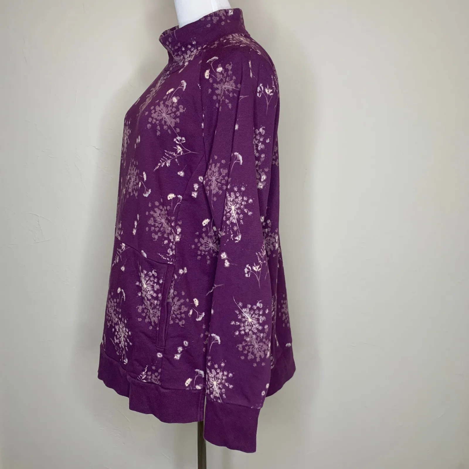 Lands' End Serious Sweats Purple Bleach Floral Pattern Sz Large - Image 3