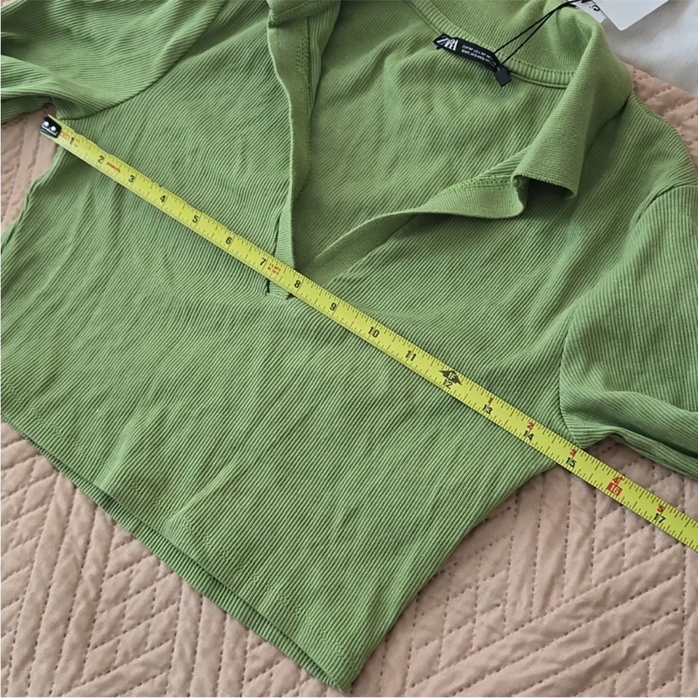 NWT Zara Green Ribbed Crop Top long sleeve collar medium - Image 5