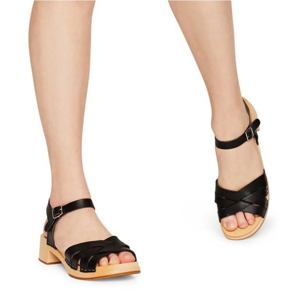 Swedish Hasbeens New Braided Sandals Size 8 Black Wood Platform Clog Heel - Image 2