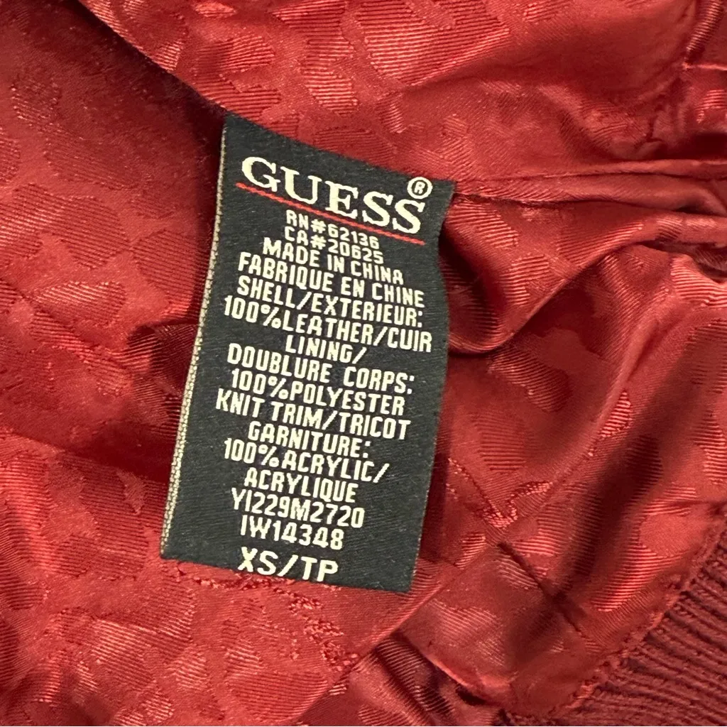 Vintage Y2K Guess 100% Leather Deep Red Burgundy Bomber Jacket Knit Trim Size XS - Image 11
