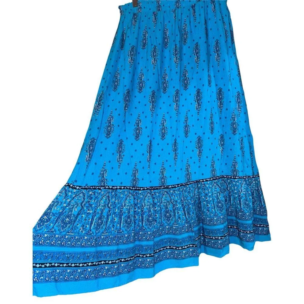 LOFT Boho Maxi Skirt Women's Medium Tiered Pull On Ruffled Paisley Blue Hippie - Image 4
