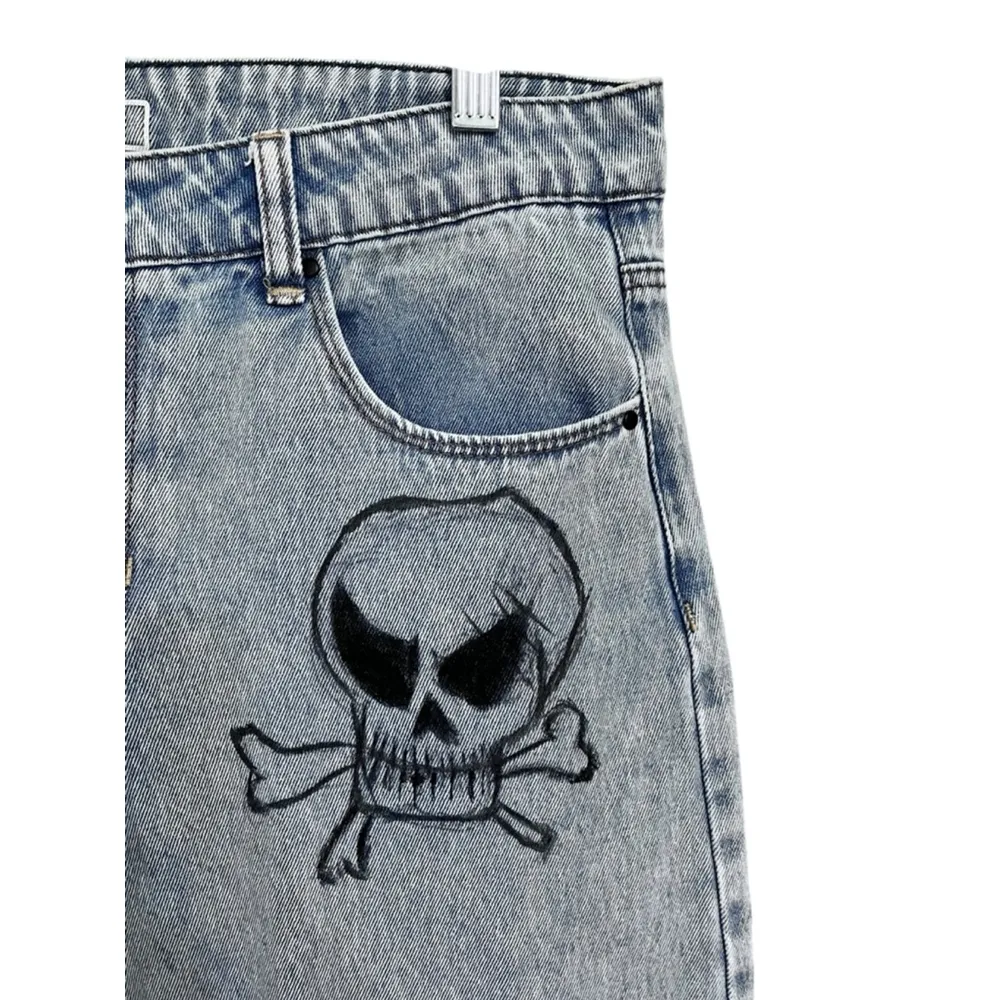 ALAB Skull Rave Jeans Ultra Wide Leg Embroidered Denim Pants Size 10 Y2K Blue - Image 4