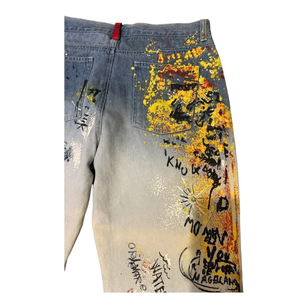Vintage 80's/ 90’s CLIO Graffiti Painted Cropped raw folded hem Jeans size 8 Blue - Image 10