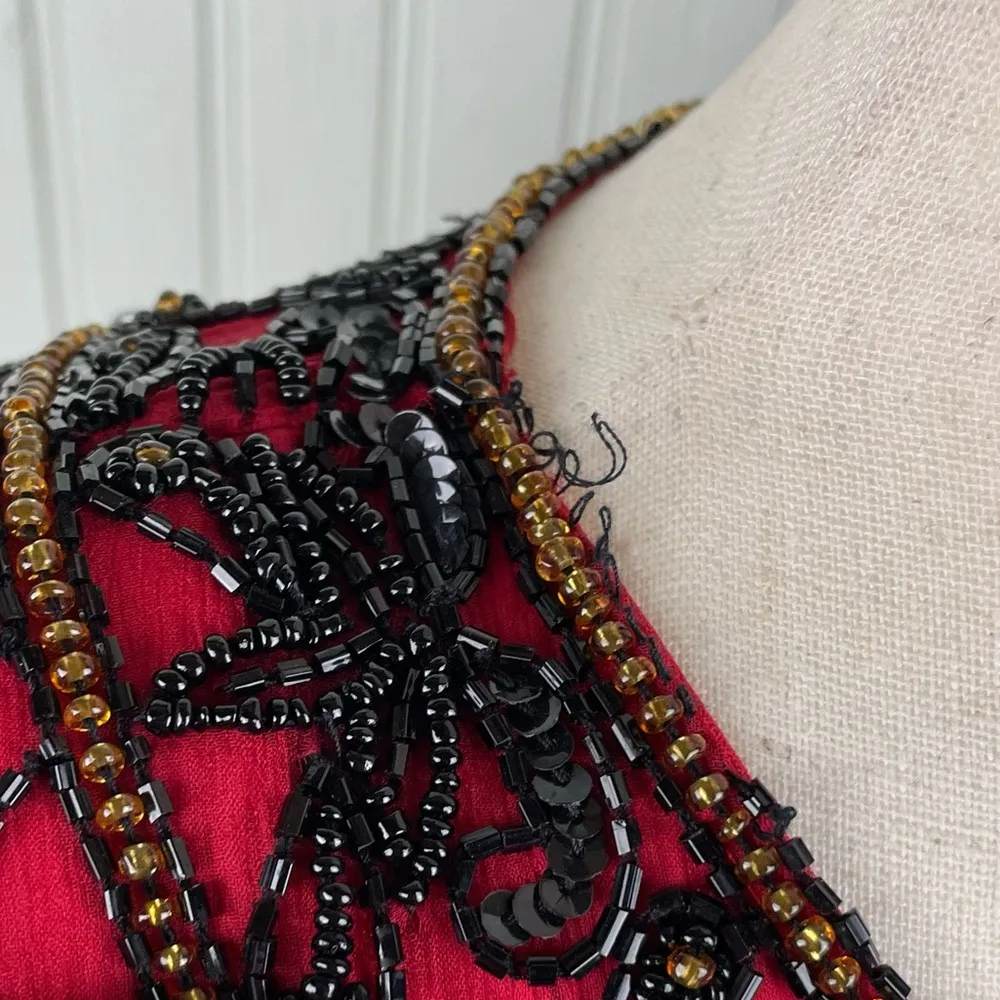 Vintage 80s Papell Boutique Evening Red Silk Beaded Top Women's Size Large - Image 8