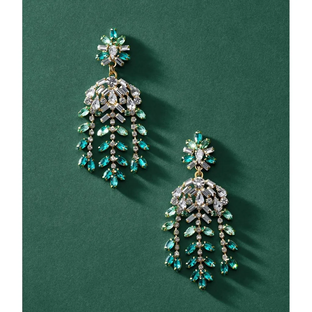 Loren Hope Elena Statement Earrings Emerald Green Crystal Gold Tone - Image 2