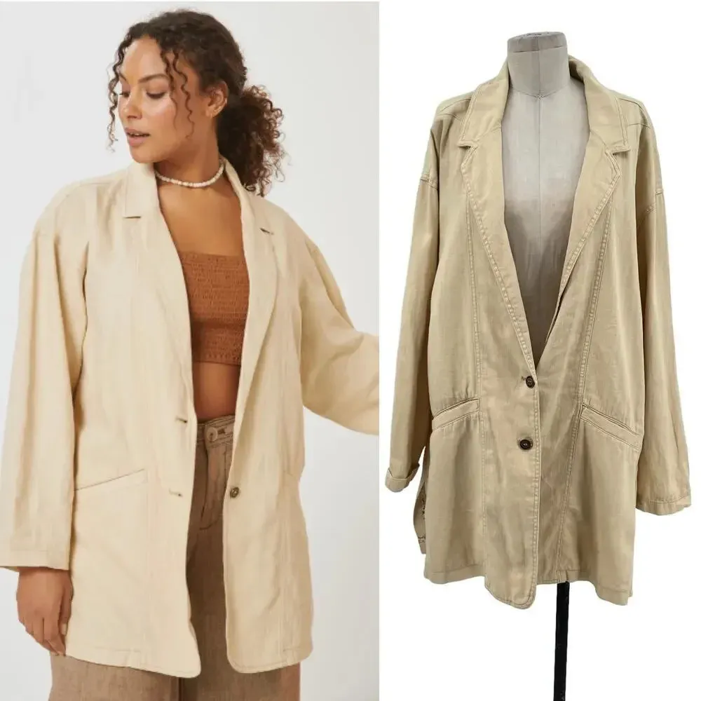 Anthropologie Pilcro Summer Blazer Jacket‎ Linen Cotton Taupe Tan Cream Size XL - Image 2