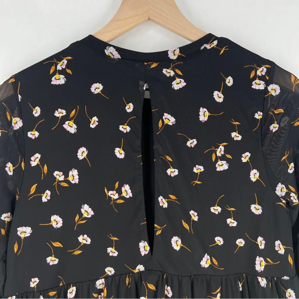 AFRM Noir Spring Floral Sheer Mesh Tiered Long Sleeve Mini Babydoll Dress Size M Black Size M - Image 13