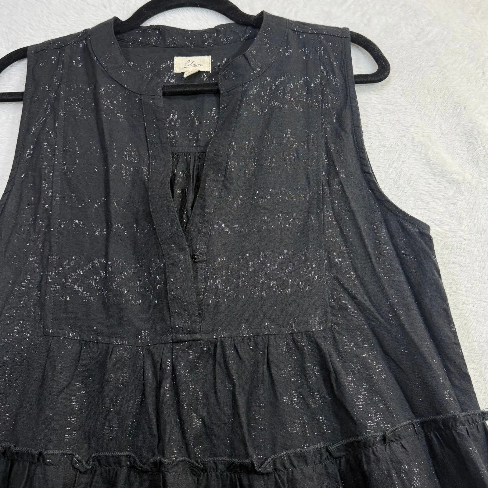 Elan M Maura Minidress Black Metallic Sleeveless Boho Sparkle Cottagecore Tiered - Image 3