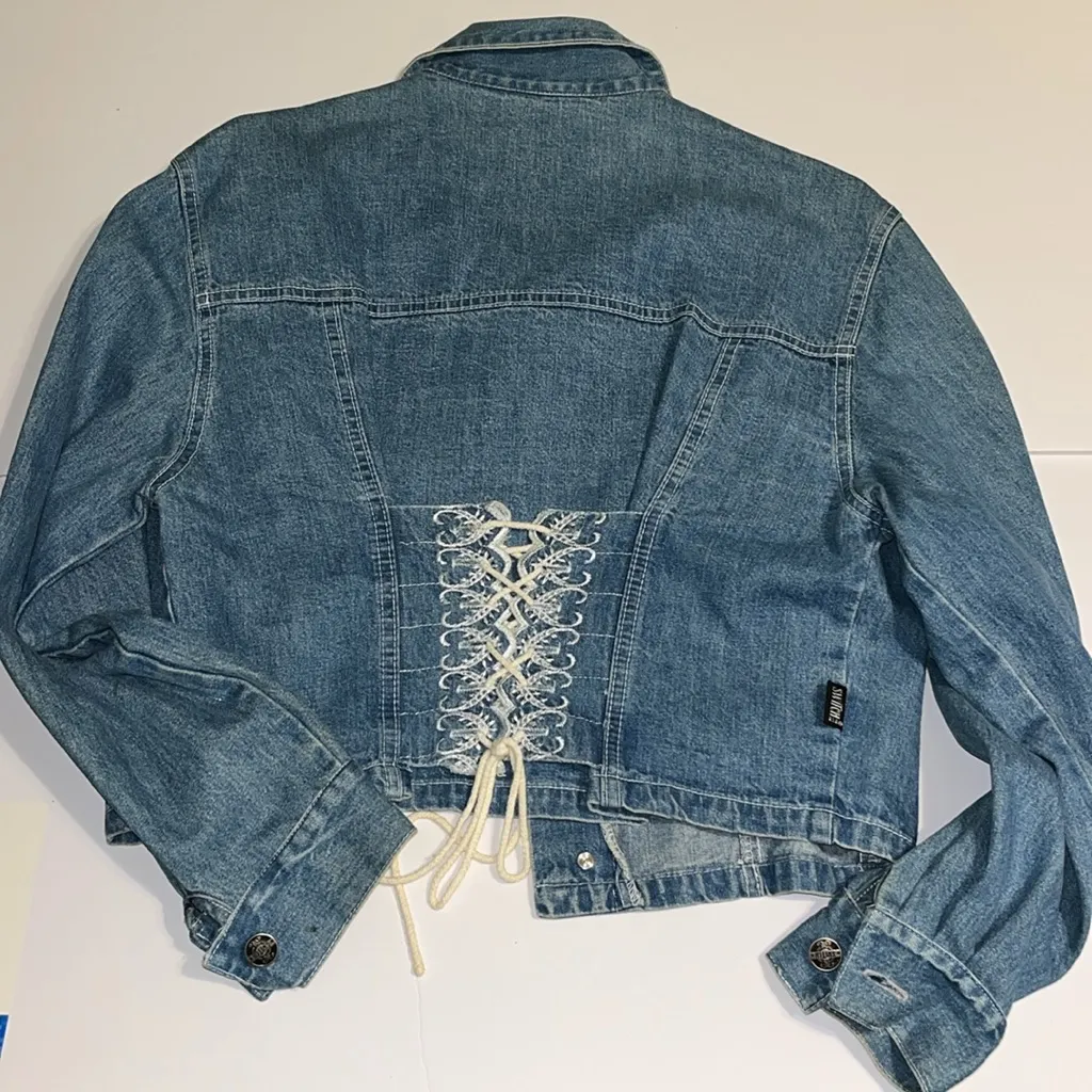 Vintage cropped Jean Jacket embroidered lace • SWITCH • cropped jacket • denim Size L - Image 9