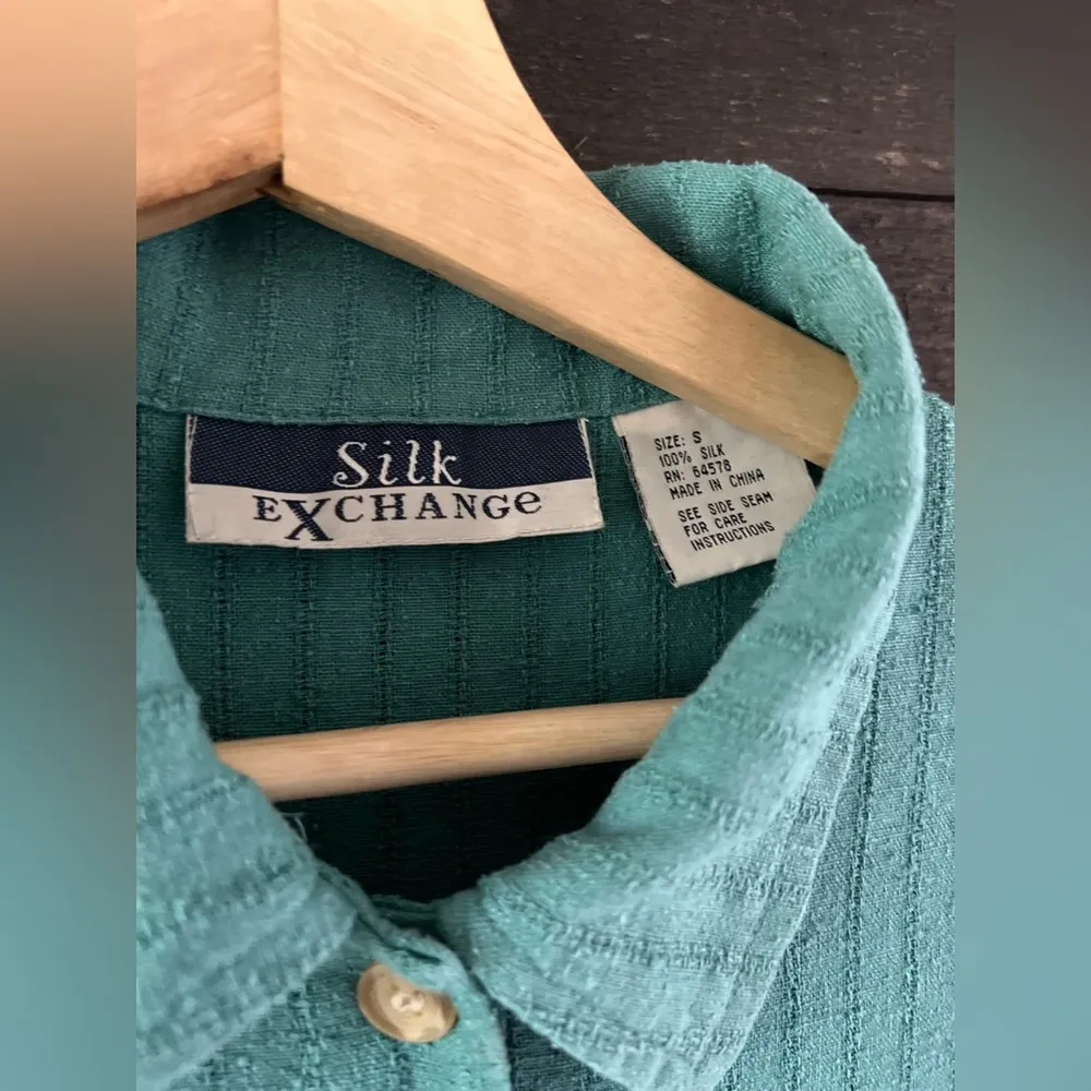 Vintage 90s Silk Exchange 100% Silk Teal Button Front Midi Dress Coastal Style - Image 4