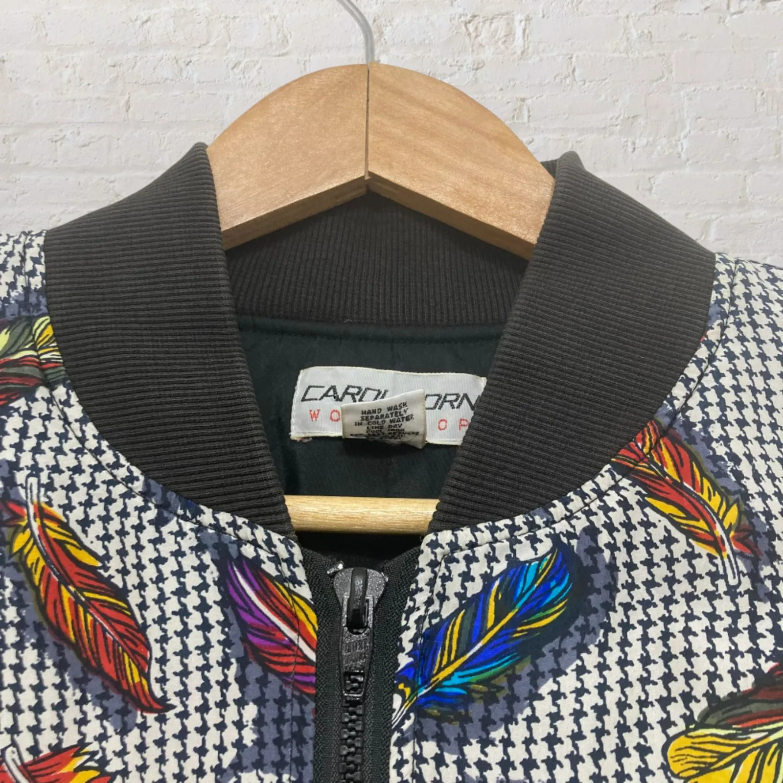 Carol Horn Vintage 100% Silk Feather Print Bomber Jacket M Retro Artwear Black Size M - Image 6