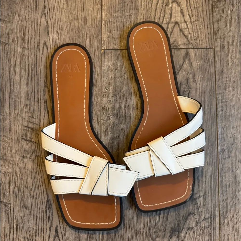 Zara White Topstitched Low Heeled Sandals- EU 37 - Image 6
