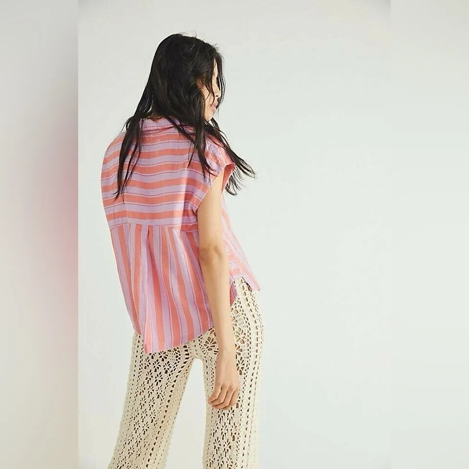 Free People Play It Cool Stripe Linen Blend Top in‎ Sorbet Combo NWT Size XS - Image 11