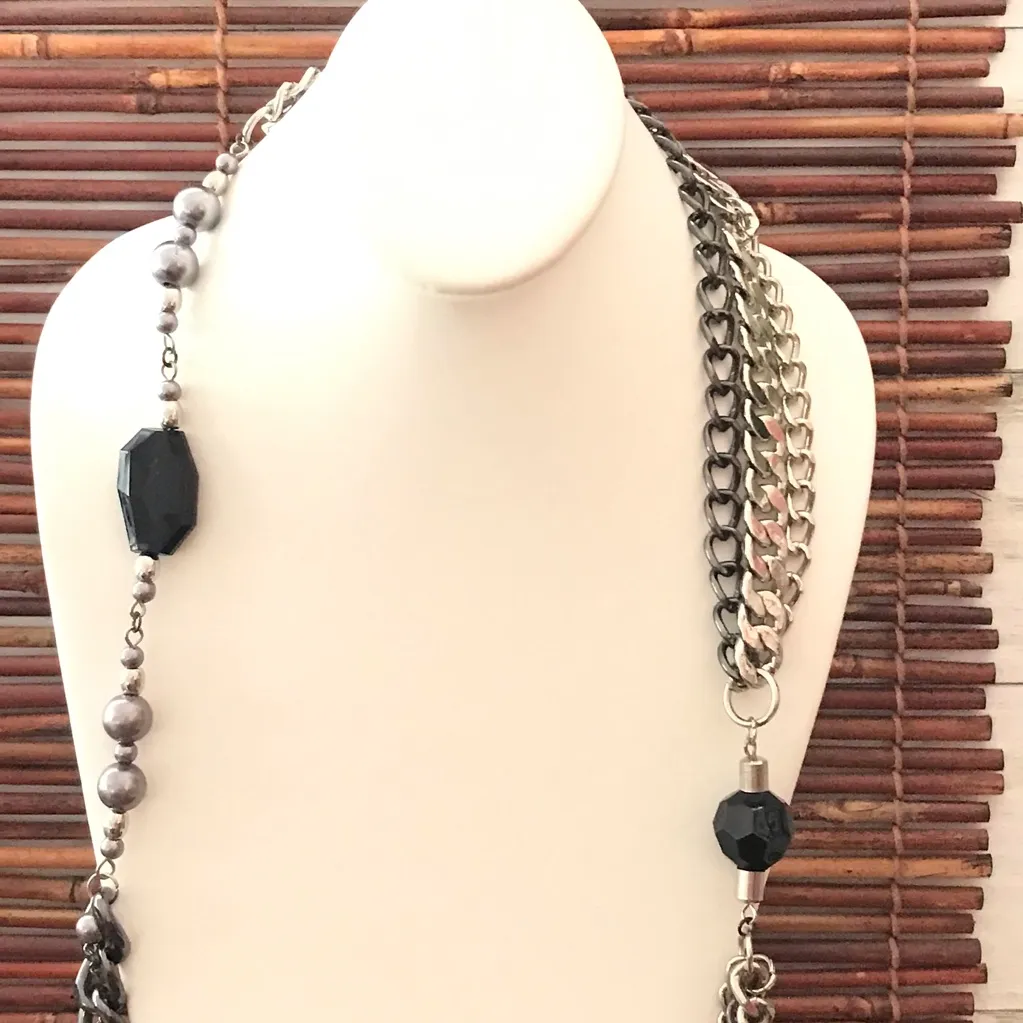 White House Black Market Lariat Silver Tone & Black with Tassels Necklac… - Image 4