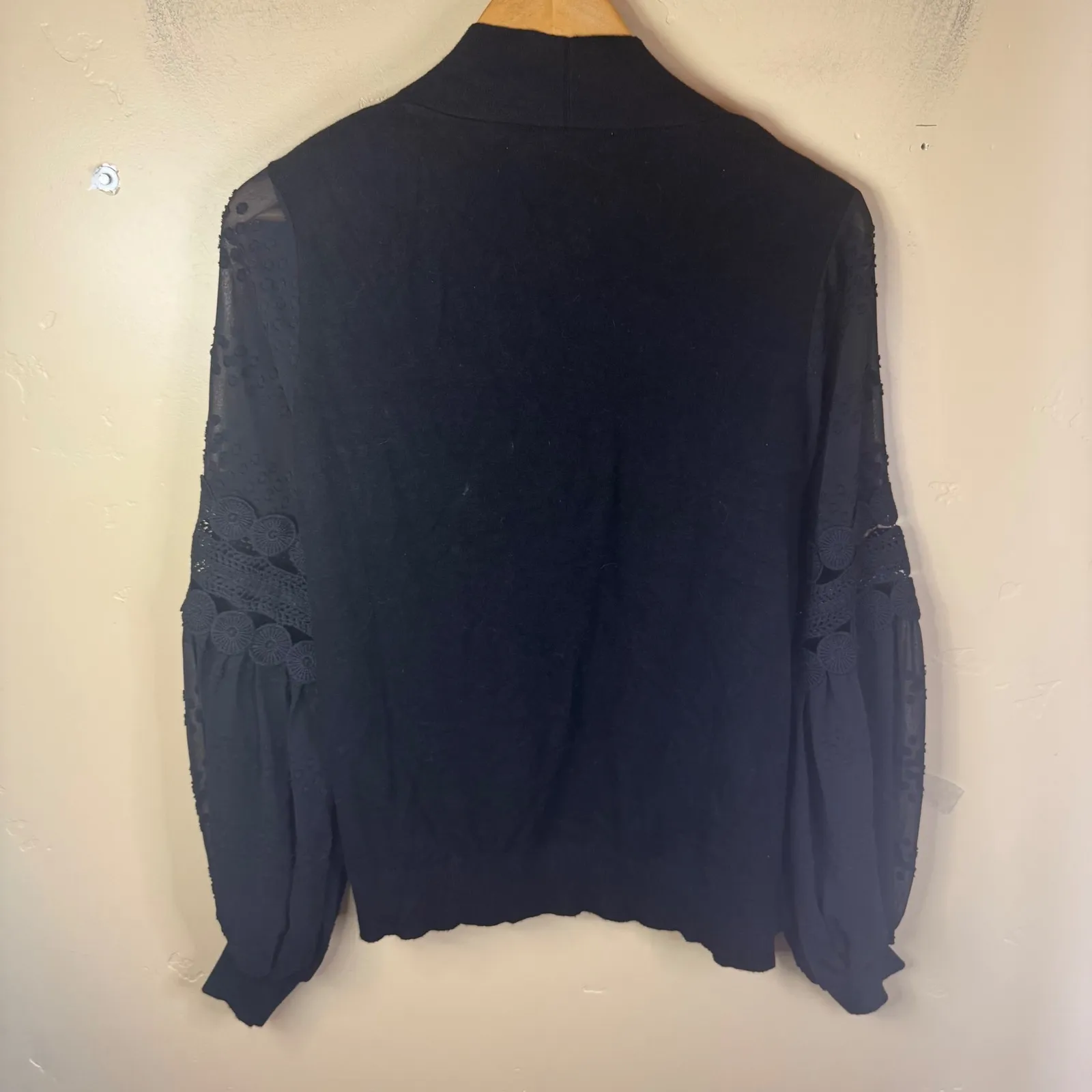 Siani Milano Black Cardigan Draped Open Front Crochet Balloon Lace Sleeve Large - Image 8