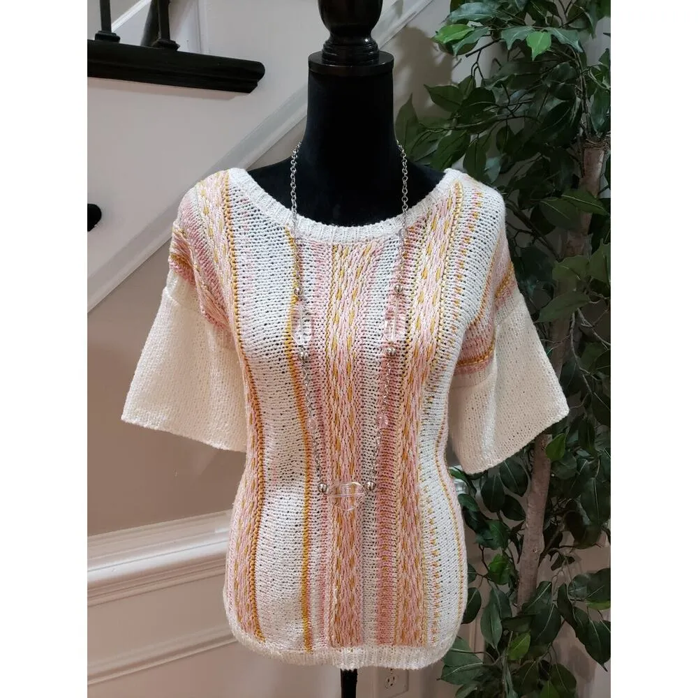 Versona Women's Multicolor Acrylic Round Neck Short Sleeve Casual Top Blouse L - Image 13