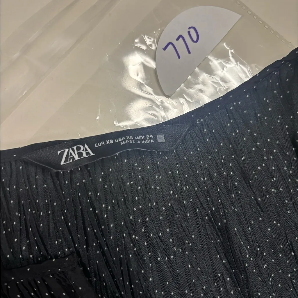 Zara Micro Dot Mini Dress Black/White Size XS Oversized Ruffle Long Sleeve - Image 9