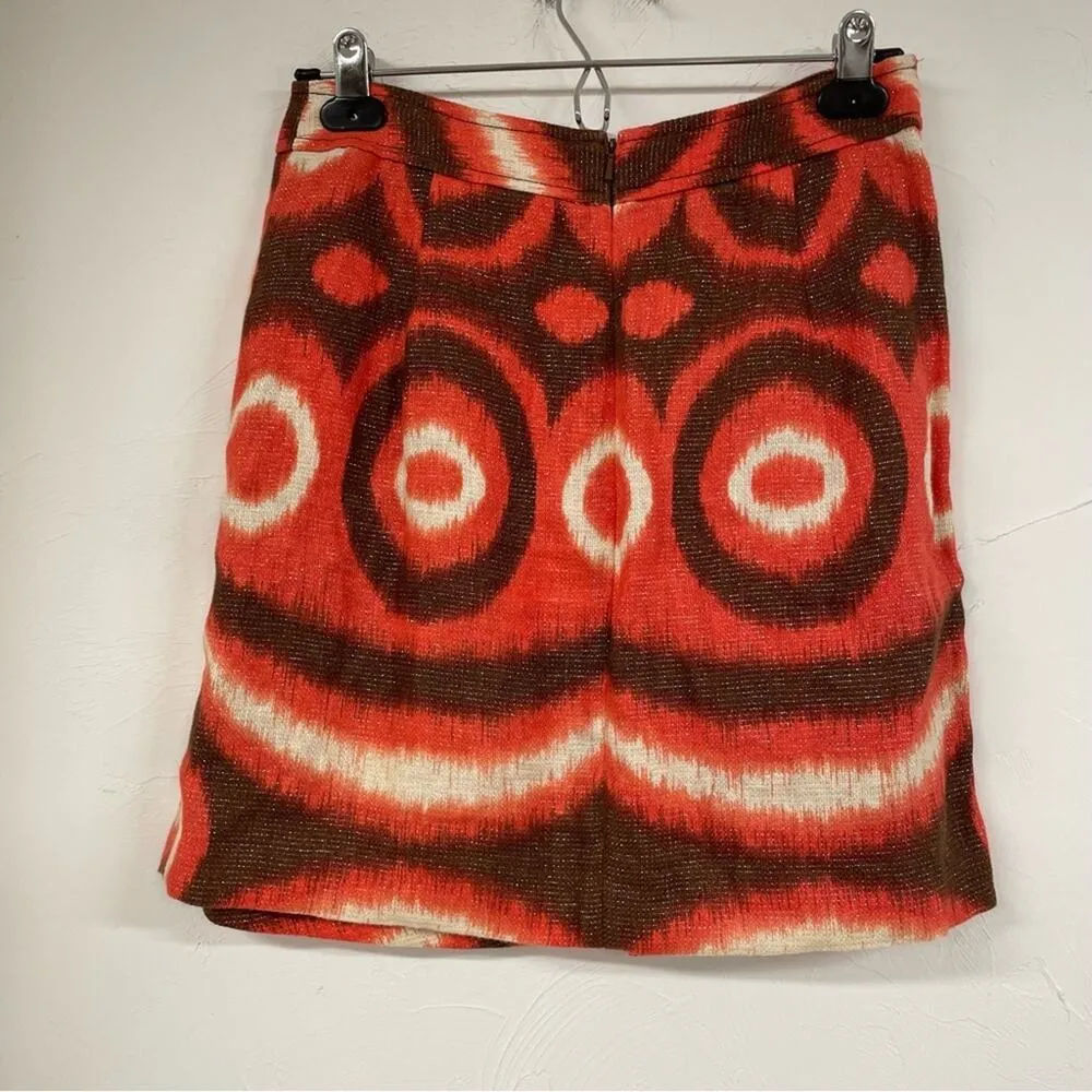 Tory Burch X Bergdorf Goodman Orange & Brown Linen Pleated Mini Skirt Womens 4 - Image 7