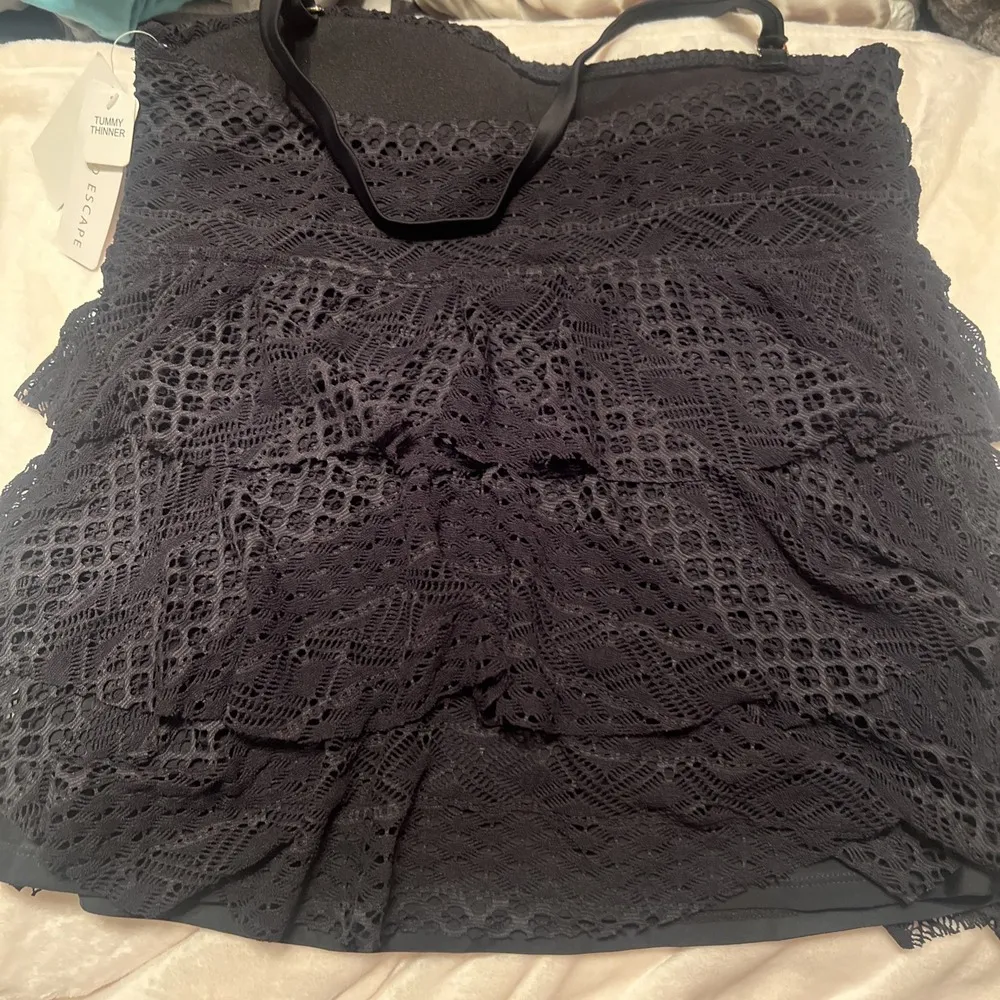 Island Escape Tiered Bandini Tankini Black Overlay Ruffles Women's 14 - Image 4