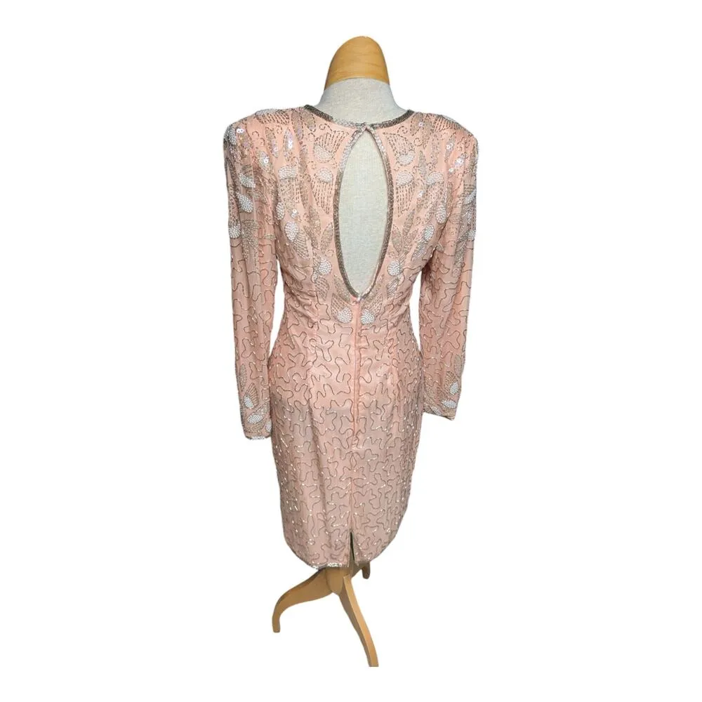 Vtg 1980s Night Vogue Peach 100% Silk Bead Embellished Long Sleeve Mini Dress M Orange Size M - Image 4
