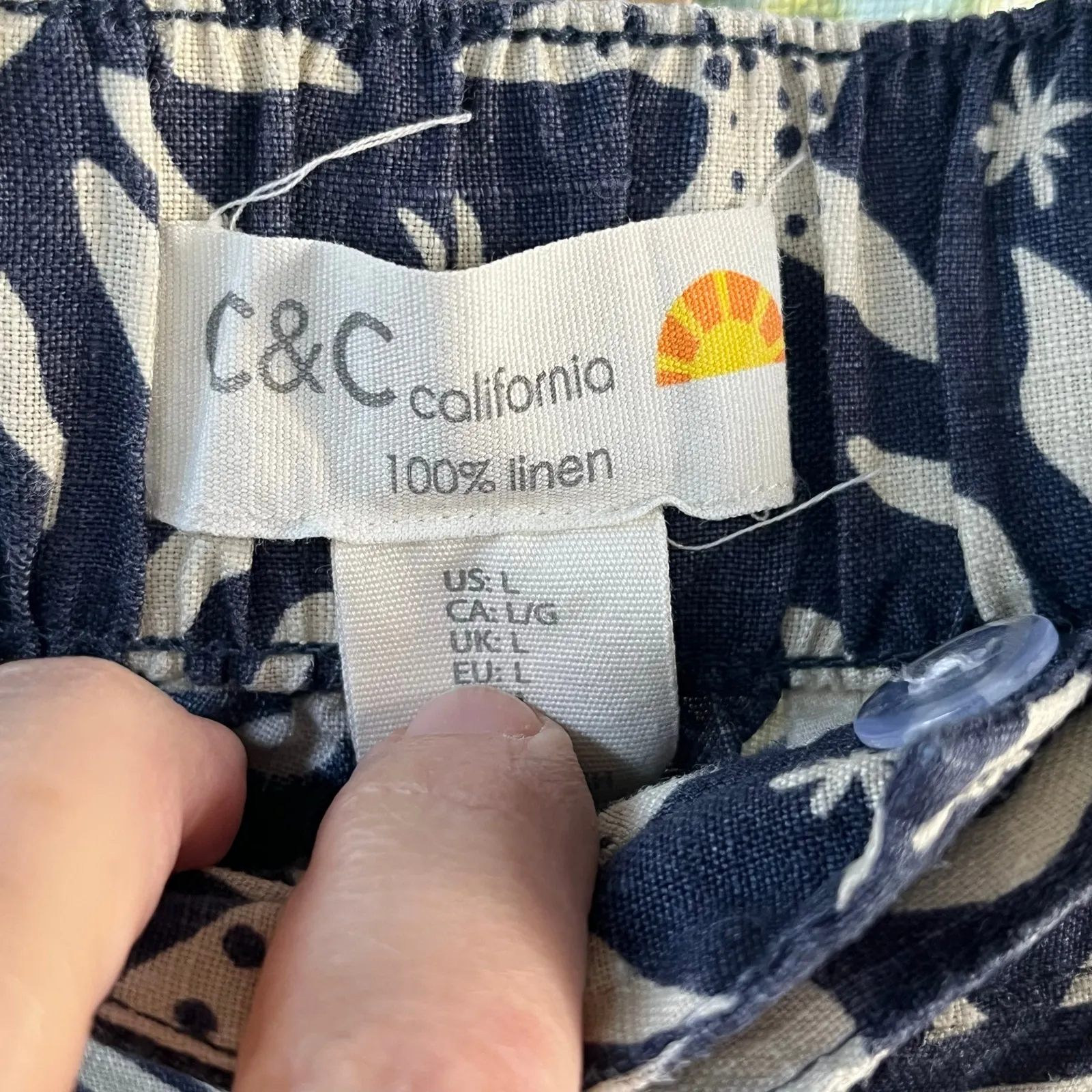 C&C California Women's Blue And White Beach Print 100% Linen Pants Size L - Image 8