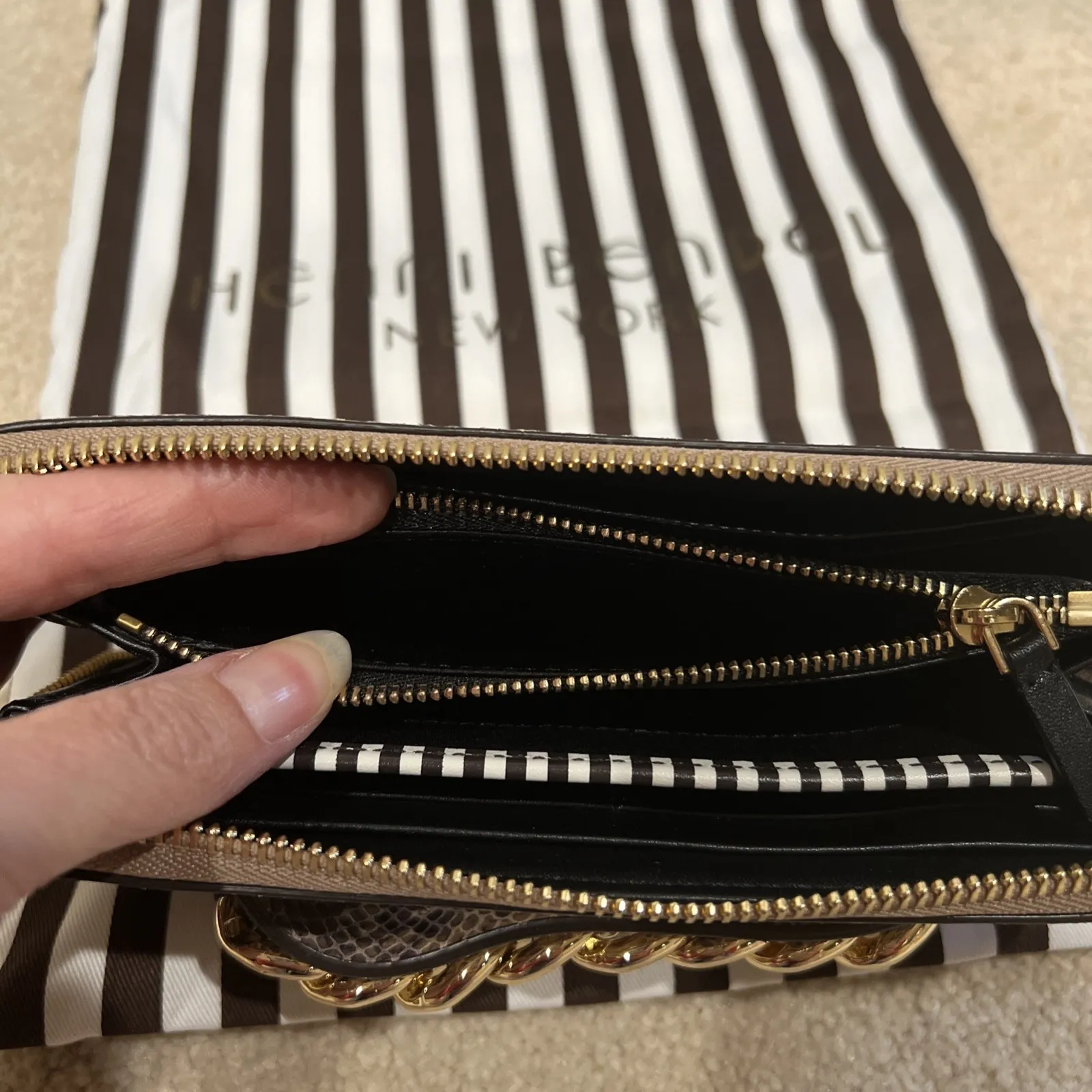 Henri Bendel Plaza Zip Around Wallet Clutch Python Snake Gold Blocked Leather - Image 6