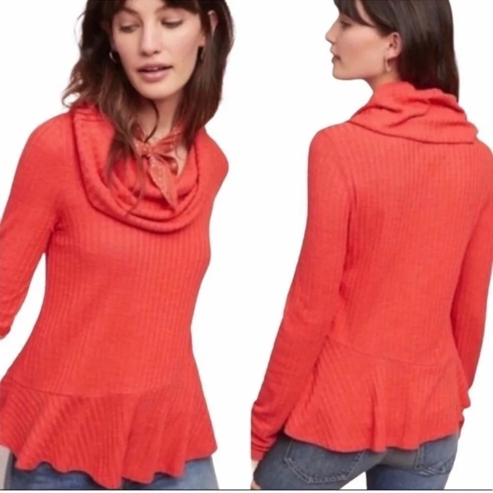 Anthropologie Maeve Coral Waffle Knit Peplum Winterscape Cowl Neck Size Large - Image 2