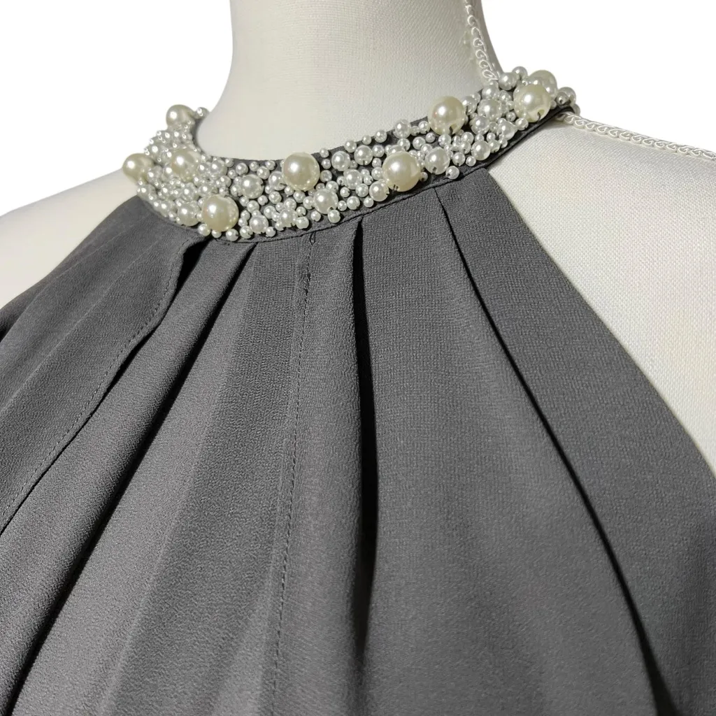 Blaque Label Faux Pearl Embellished Sheer Cape Gray Women’s Blouse Size Small - Image 2