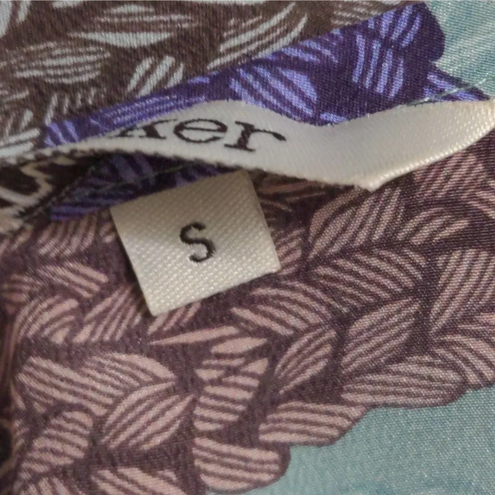 Tucker Womens Shift Dress Green Abstract 100% Silk Ruffles 3/4 Sleeve USA Boho S - Image 10