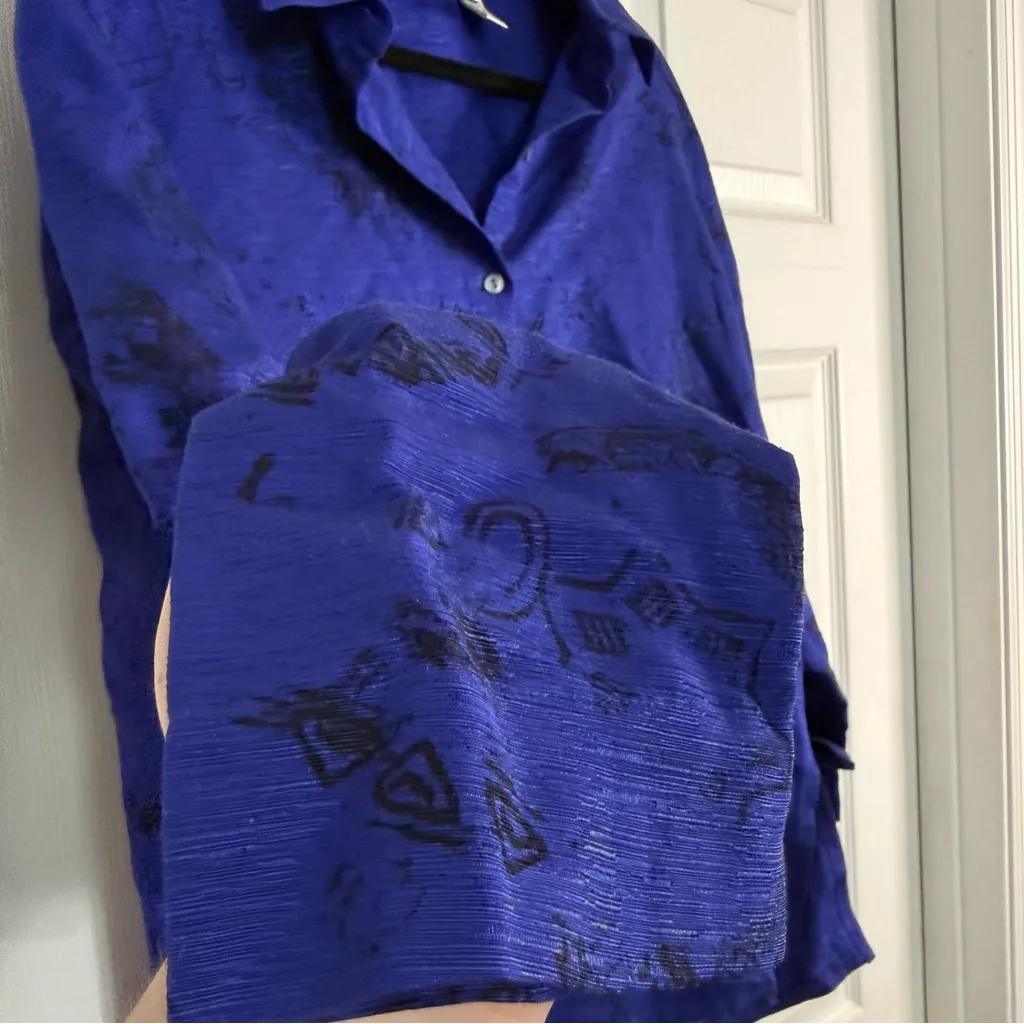 Chico's Vintage Royal Blue Silk Linen Blend Button-Down Shirt L - Image 6