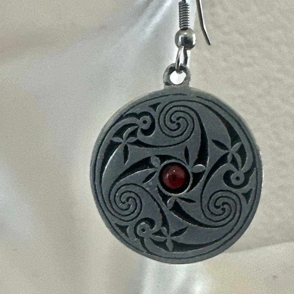 Piran Pewter Celtic Spiral Red Cabochon Drop Earrings Silver - Image 4
