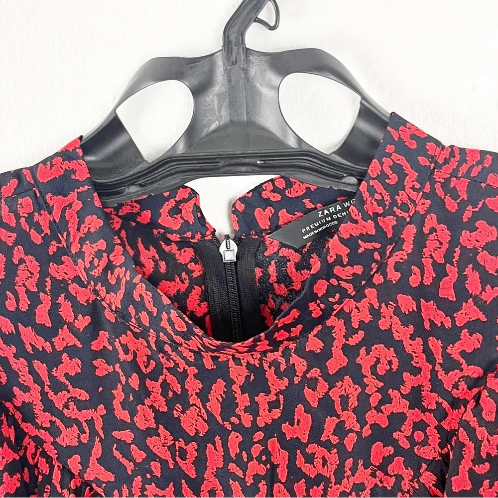 ZARA Premium Collection Black And Red Long Sleeves Ruffle Leopard Print Dress XS - Image 7