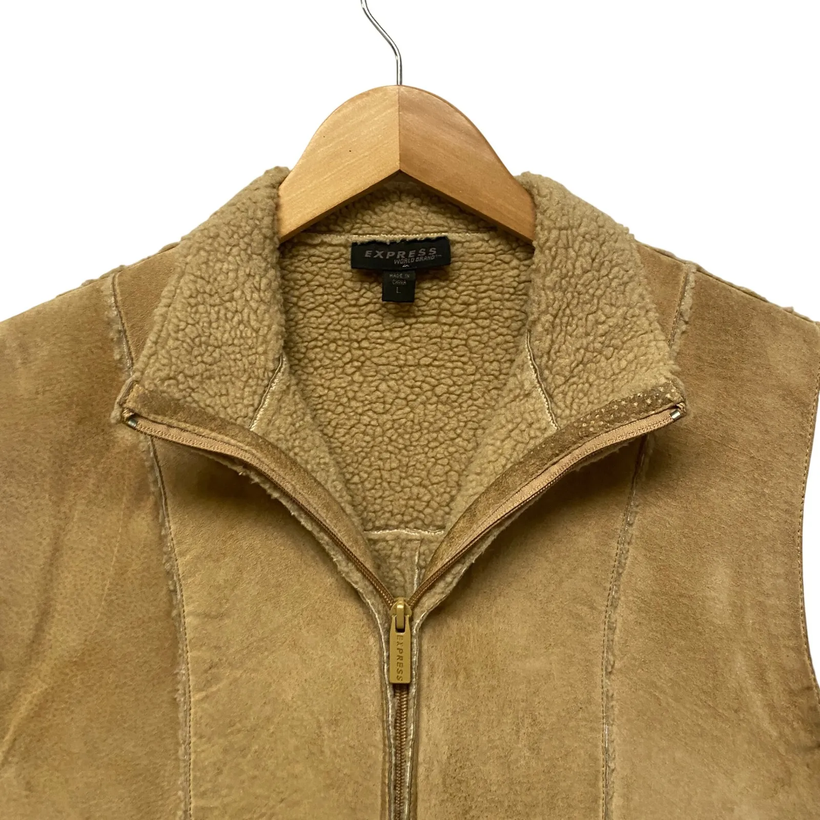 Vintage Y2K EXPRESS Suede Sherpa Lined Zip Vest Tan Brown Women's Size L Capsule - Image 4