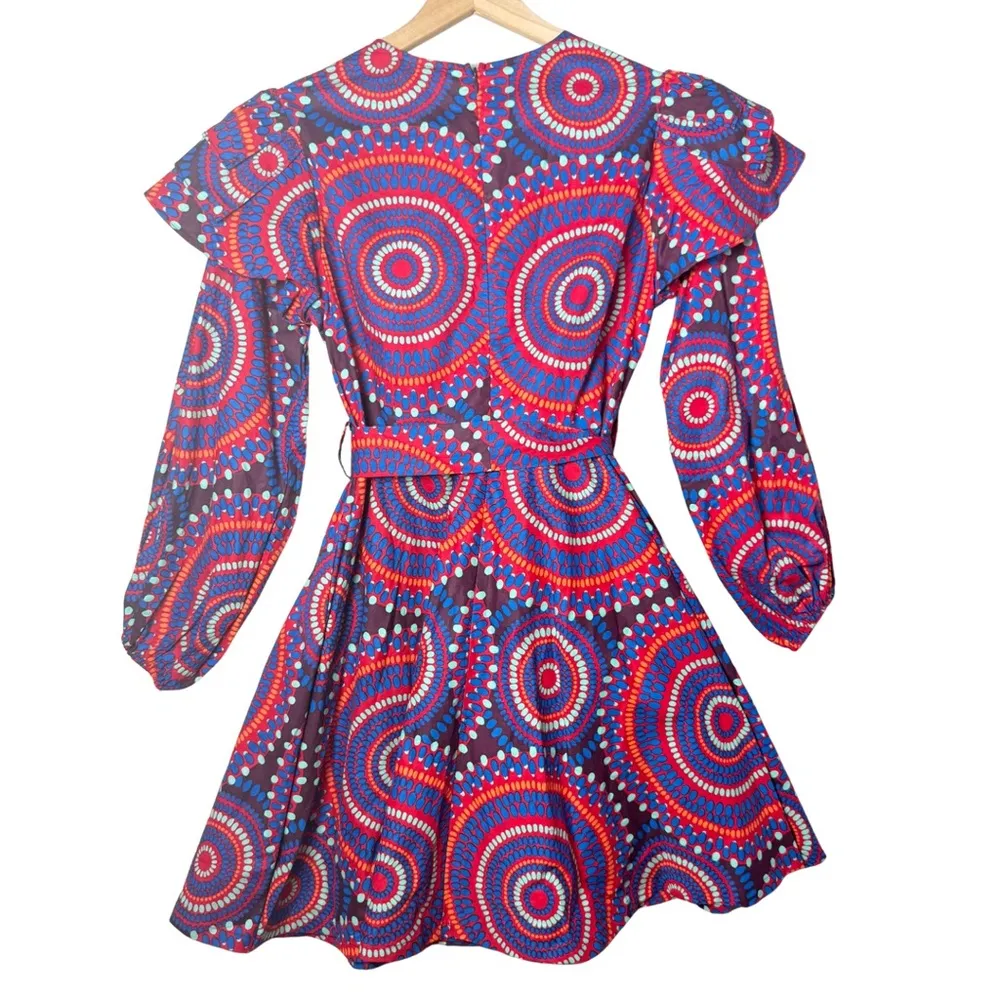 D’IYANU Women’s Anola African Print Dress Red Indigo Circles 100% Cotton size S Blue - Image 2