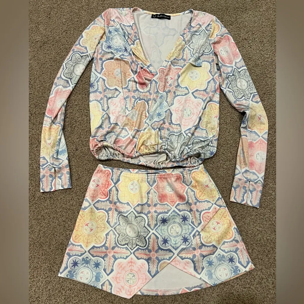 For Love And Lemons ole pastel print mosaic top and skirt set - Image 4