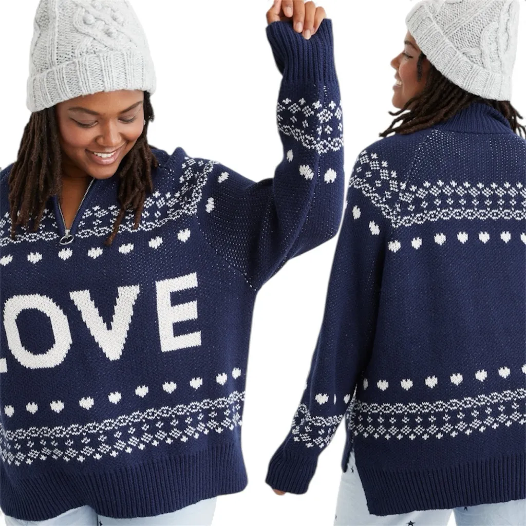 Aerie Festive Feels Quarter Zip Sweater Blue LOVE Cozy Cabin Isle Knit Pullover - Image 2