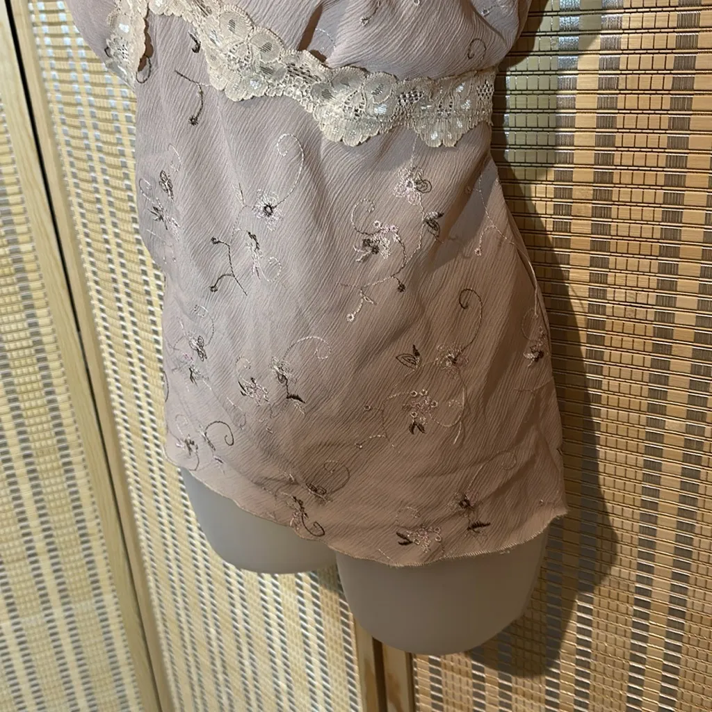 Rave Vintage 1990s Y2K Beige Floral Tank Top Ruffles Lace Trim Tie Belt Large Purple - Image 7