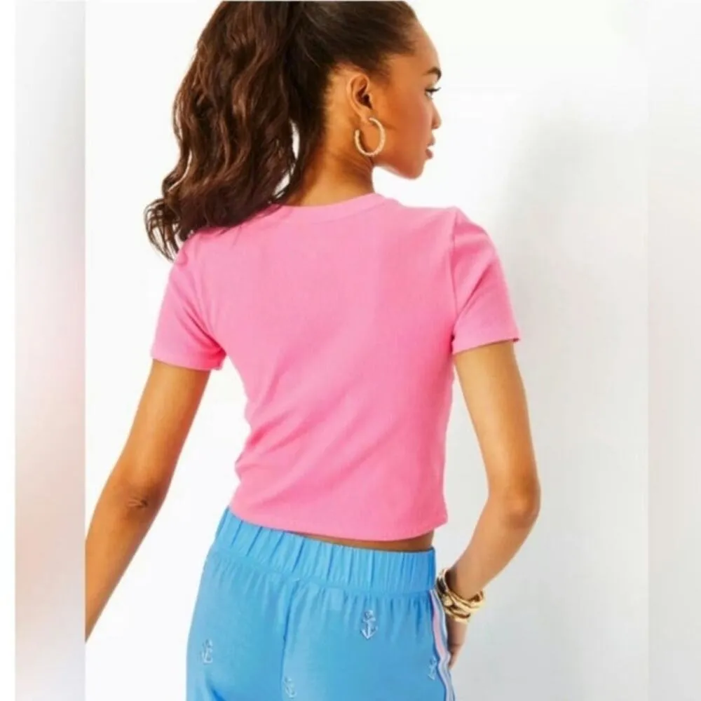 Lilly Pulitzer Cropped Top Minnie Knit Ribbed Confetti Pink Metalic Size Large - Image 3