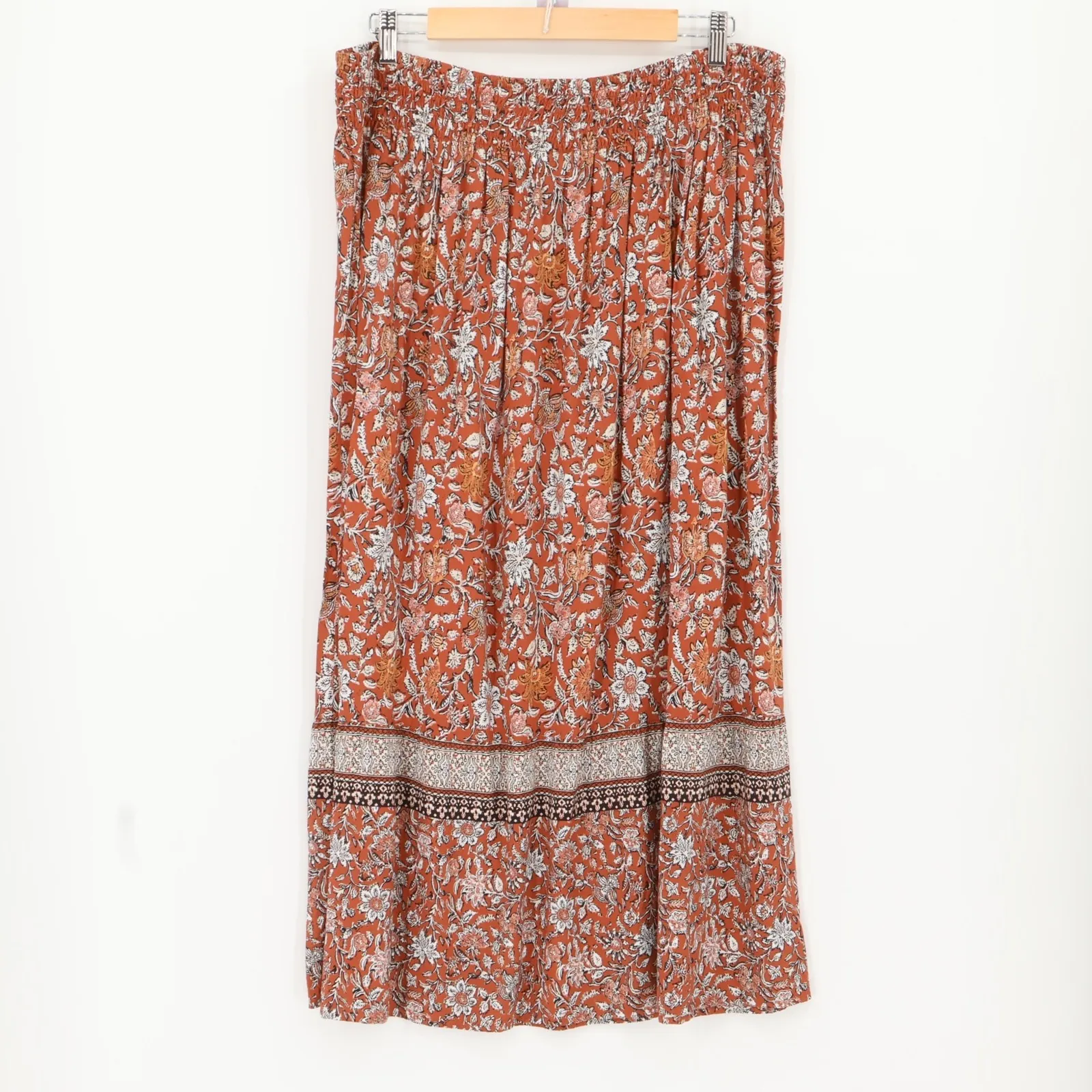 J Jill Boho Floral Maxi Skirt Womens Cottage Prairie Smocked Waist Fall Size L Orange Size L - Image 3