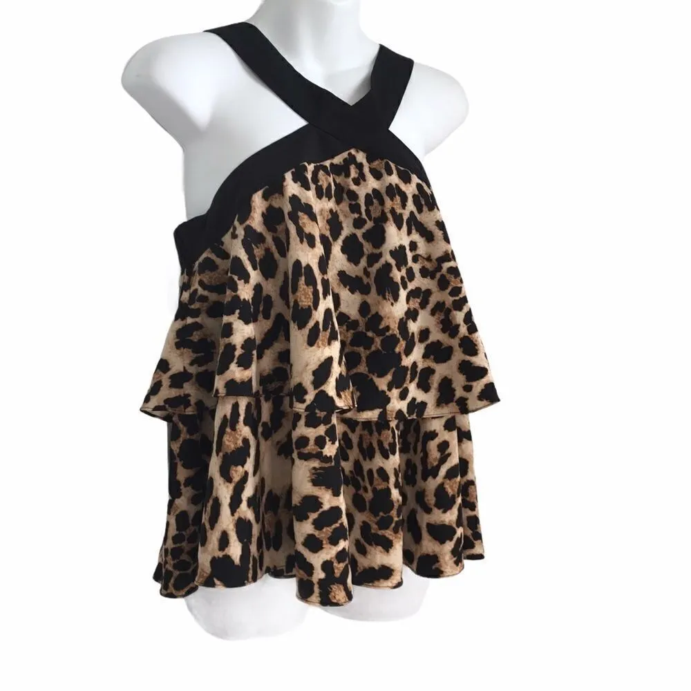 Bloomingdale’s Leopard Print Criss Cross Ruffle Tired Flowy Halter Top M NWT Brown Size M - Image 7