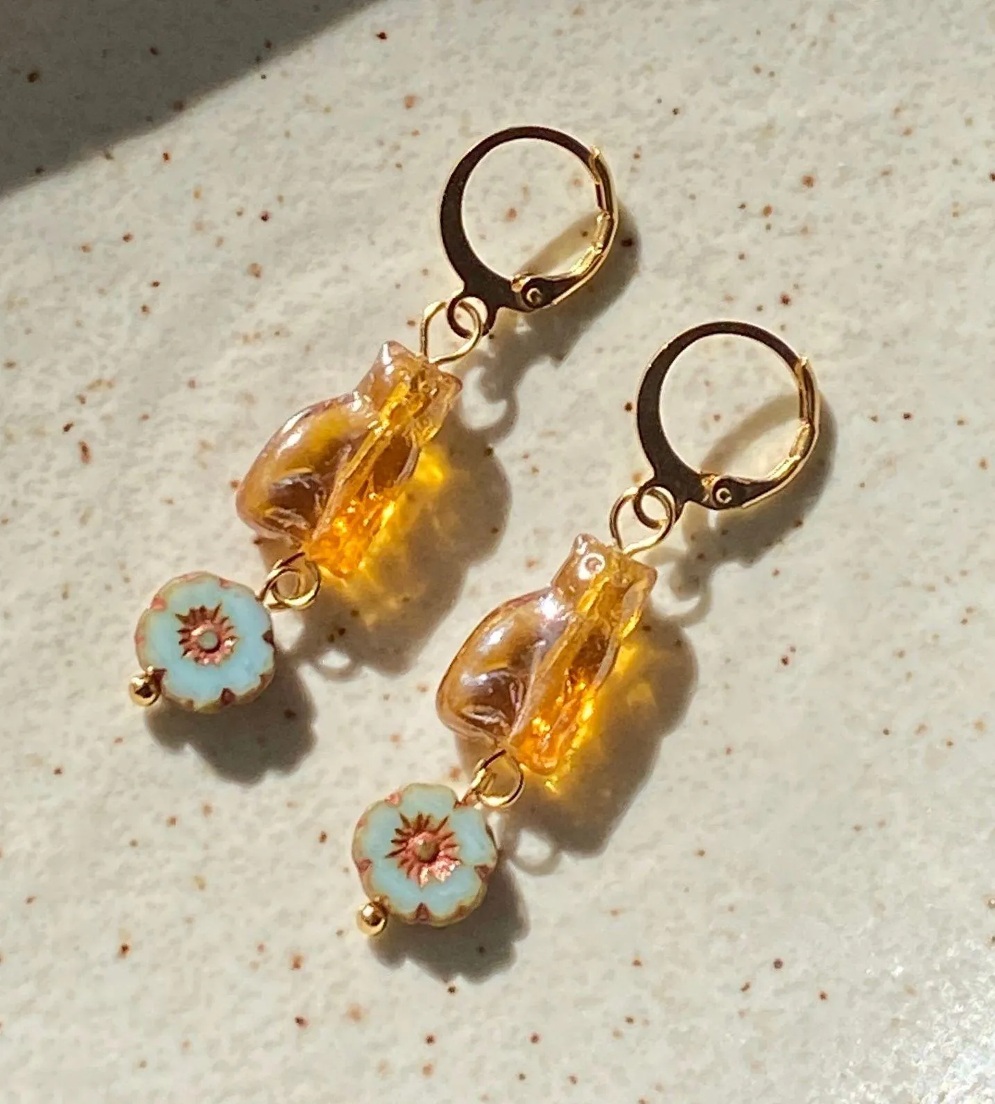 quality Czech glass cat & flower cute boho fairy style dangle  earrings🌸 - Image 5