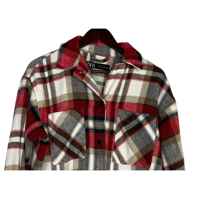ZARA Cropped Oversized Plaid Shacket Jacket Button Down Pockets XS Red White - Image 2