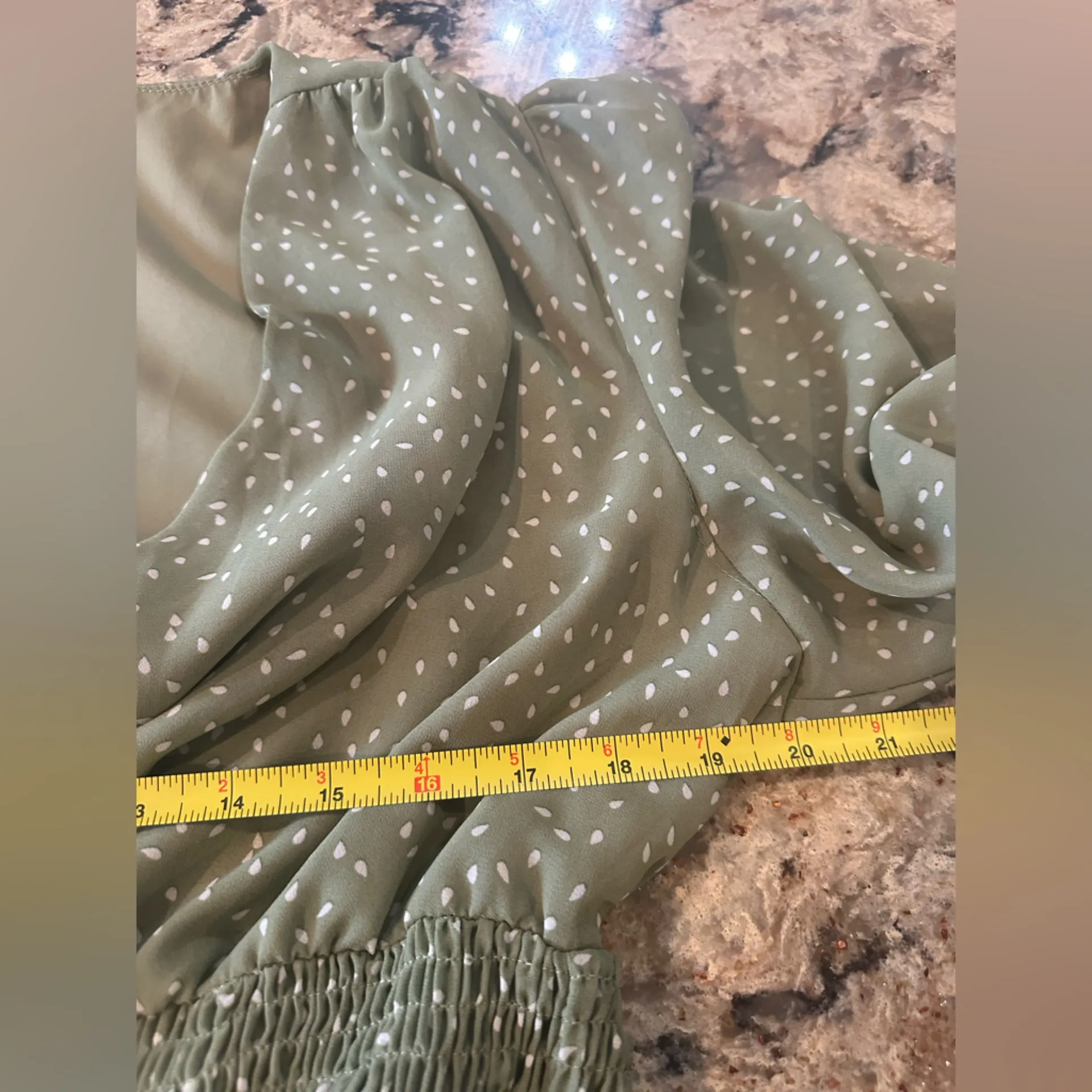 Bloomchic Wrap Shirred Waist Dress Sage Green Polka Dot Lantern Sleeve Size 12 - Image 6