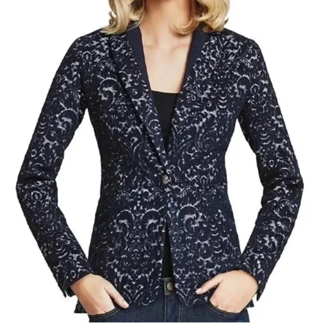 CAbi Jacquard Wool Blend Midnight Blue Damask Blazer size 8 - Image 4