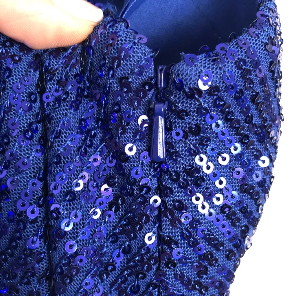 NWT Ieena Mac Duggal Cobalt Blue Sequined Side Slit Gown Size 4 - Image 13