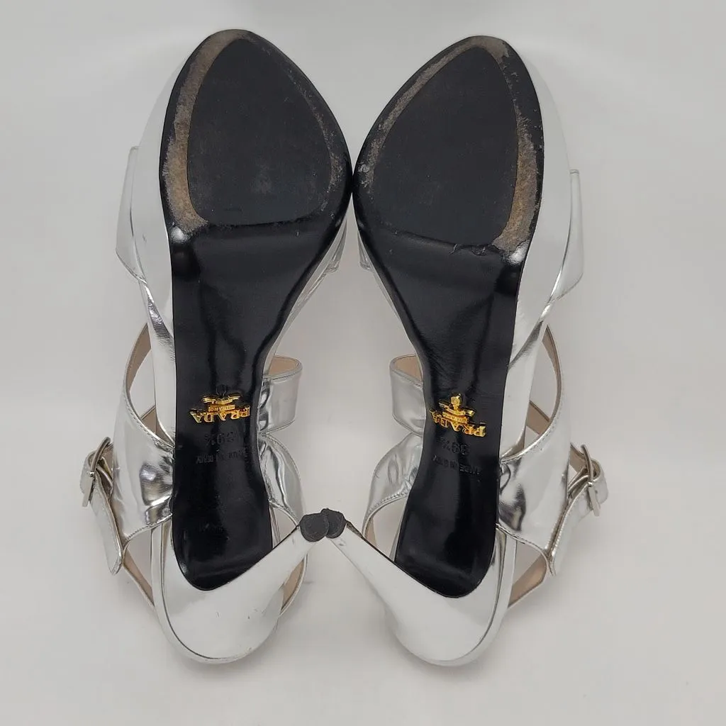 Prada Metallic Silver Platform Slingeback Strappy Straps Heel Sandals Size 39.5 - Image 11