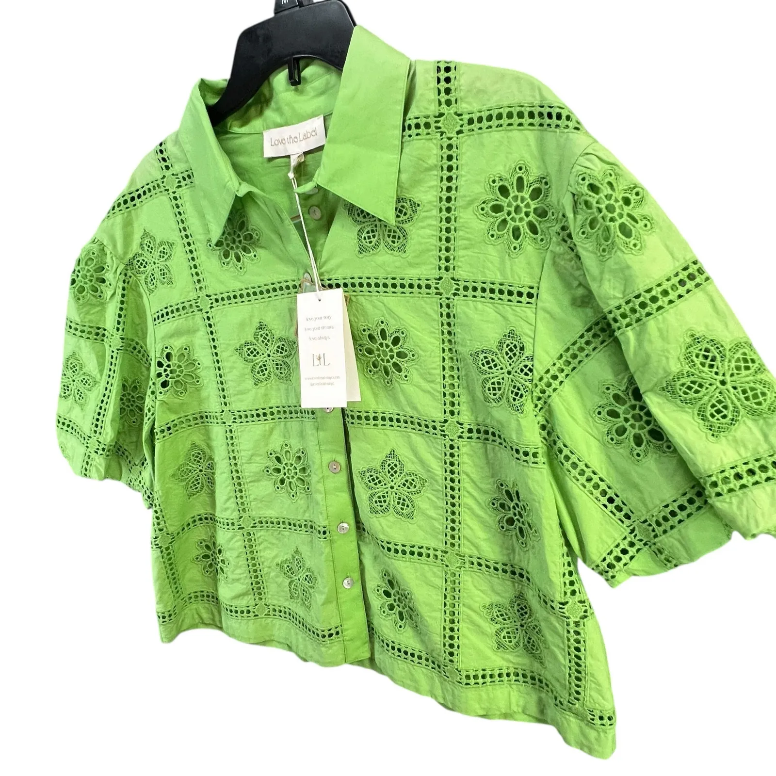 Love The Label Cassia Blouse Womens L Kiwi Green Embroidered Eyelet Boho Chic Size L - Image 3