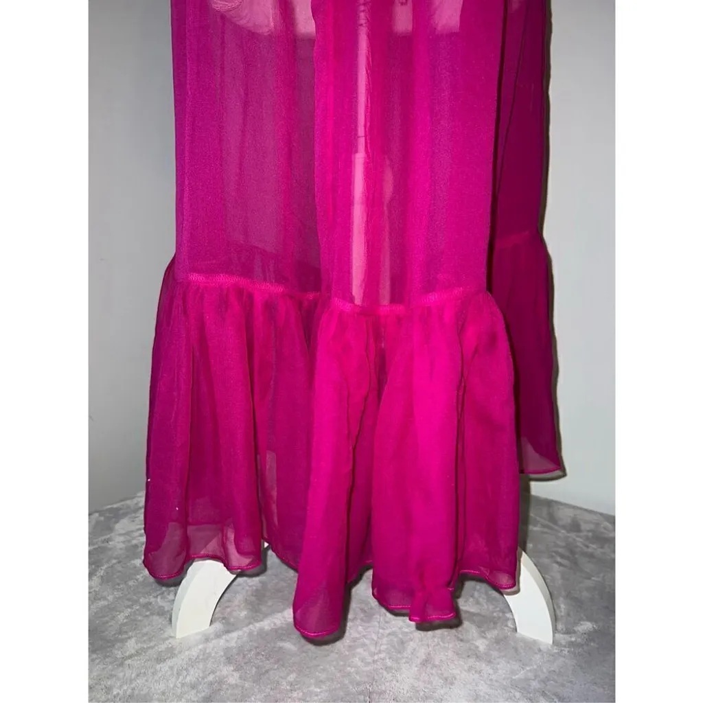 Semi Sheer Swim Cover Pink 100% SILK MIDI Dress Large - Image 7