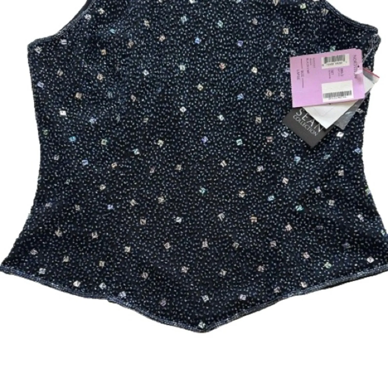 Sean Formal Top Black Blue Beaded Silk High Neck Sleeveless Evening Large NEW - Image 10